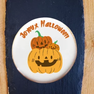 Cookie personnalisé Joyeux Halloween avec citrouilles – biscuit bio artisanal Le Petit Namurois