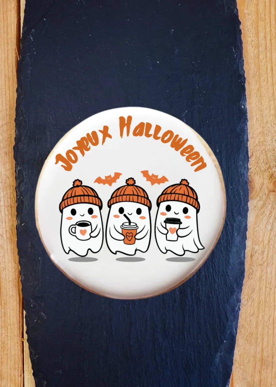 Cookie personnalisé Joyeux Halloween avec fantômes – biscuit bio artisanal Le Petit Namurois